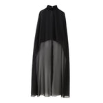 TRAF Women Fashion Asymmetric Gauze Semi-sheer Cape Coat Vintage High Neck Back With Button Female Outerwear Chic Clothing
