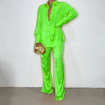 2023 Elegant Satin Women's Matching Sets Casual Long Sleeve Shirt Straight Pants Suit Female Loose Solid Tops Two Pieces Outfits