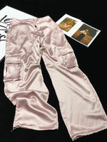 [YOZOU] Luxury Silk Gorpcore Solid Pink Drawstring Fluid Baggy Cargo Pants Women Black Beige Gray Streetwear Trousers Bottoms