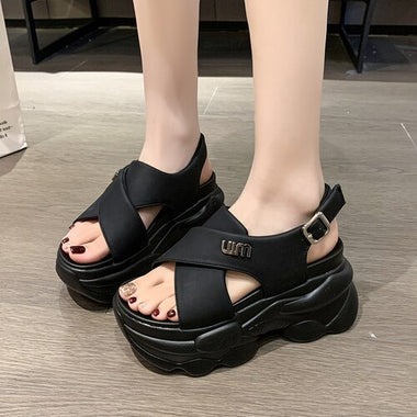 Women Leather Sandals 8CM Summer Shoes New 2023 High Platform Cross-strap Slides Fashion Casual Sandals Beach Chunky Slippers