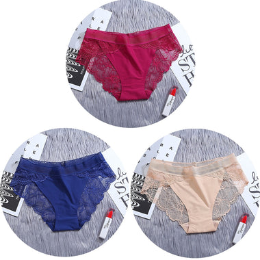 3Pcs/Lot Lace Women's Panties Sets Ice Silk Seamless Underwear Female Transparent  Briefs Mid-Rise Lady Panty Woman Lingerie
