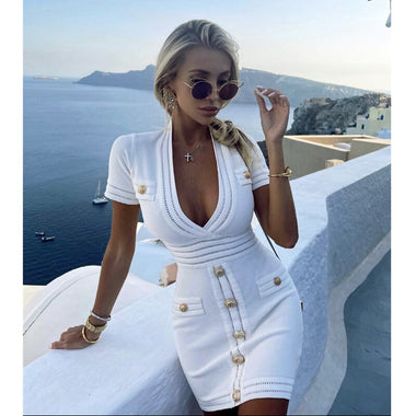 4 Colors Women Summer Sexy Designer White Black Bandage Dress 2022 Elegant Celebrity Button Mini Bodycon Party Dress Vestidos