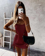 Summer Sleeveless Sling Mini Short Dress Women Casual Fashion Backless Drawstring Low Collar Solid Sexy Spring 2023 New Dresses