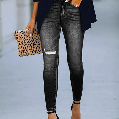 Mid-waist Blue Black Jeans Women Fashion Hole Ripped Jeans Women Skinny Washed Stretch Denim Pant Women Casual Denim Trousers