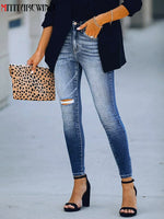 Mid-waist Blue Black Jeans Women Fashion Hole Ripped Jeans Women Skinny Washed Stretch Denim Pant Women Casual Denim Trousers