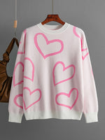 Heart Print Knitted Sweaters Women Winter Warm Oversize Thick Pullovers Female Casual Aesthetic O Neck Jumper Ladies Sueter