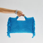 Crochet boho chic Summer fringe beach bag Macrame Tote handbag Beige blue market bag Vintage Style