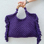 Crochet boho chic Summer fringe beach bag Macrame Tote handbag Beige blue market bag Vintage Style