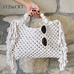 Crochet boho chic Summer fringe beach bag Macrame Tote handbag Beige blue market bag Vintage Style