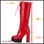 Female Motorcycle Boots Platform Chunky Heel Knee High Med Calf Boots 2021 New Arrivals Platform Chunky Heel Lace Up Red Black