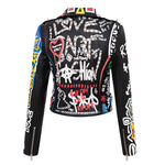 Spring and Autumn Punk High Waist Faux Leather Jacket  Women Graffiti Studded Rivet Fashion Streetwear Short Motorcycle Coat