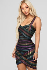 High Quality Celebrity Colorful Striped Foiling Print Rayon Bandage Dress Bodycon Evening Party Dress
