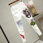 Women White Denim Pants Cartoon Graffiti Flowers Print Stretched Jeans Vintage Slim Body Capris Jeans Fashion party jeans
