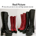 Female Motorcycle Boots Platform Chunky Heel Knee High Med Calf Boots 2021 New Arrivals Platform Chunky Heel Lace Up Red Black