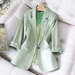 Women Satin Silk Blazers 2023 Autumn Solid Color Notched Collar Single Button Blazer Ladies OL Elegant Slim Glossy Suit Coat