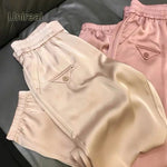 Unireal 2022 Summer Women Harem Pants High Waist Casual Cropped Trousers Pink Champange Elegant Lady Loose Satin Pants