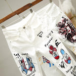 Women White Denim Pants Cartoon Graffiti Flowers Print Stretched Jeans Vintage Slim Body Capris Jeans Fashion party jeans