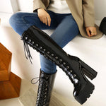 Female Motorcycle Boots Platform Chunky Heel Knee High Med Calf Boots 2021 New Arrivals Platform Chunky Heel Lace Up Red Black