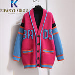 Cardigan Women Knitted Sweater Jacket 2021 New Single Breasted V-Neck Fashion Patchwork Knit Coat Autumn Loose Sweaters Female