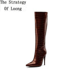 Winter New European America Style Super High Heels Pointed Toe Plush Patent Leather Plus Size 44 45 Women Knee-High Long Boots