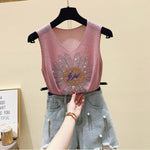 Plus Size Diamond-studded Camisole Women's Summer Loose Short Sleeveless Versatile V-neck Bottoming Shirt Tank Top Women