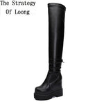 Winter New Slim Height Increasing Platform Plush Inside Cross-tied Genuine Leather Women Over-the-Knee Long Modern Boots 1028