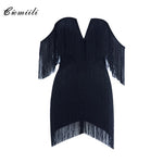CIEMIILI 2022 Women Fashion Tassel Bandage Dress Sexy V Neck Off Shoulder Bodycon Nightclub Celebrity Female Party Mini Dresses