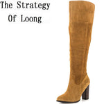 Winter New Fashion Thick High Heels Pointed Toe Sewing Plush Inside Genuine Leather Plus Size 43 44 Women Knee-High Long Boots