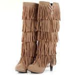 Europe America Thin High Heel Tassel Winter Women Knee High Boots Lady Fringe Spring Autumn Flock Long Boots Plus Size 34-43