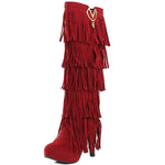Europe America Thin High Heel Tassel Winter Women Knee High Boots Lady Fringe Spring Autumn Flock Long Boots Plus Size 34-43