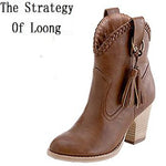 Thick High Heel Tassel Buckle Pointed Toe Women Winter Ankle Boots Lady Fashion Sexy Fringe Short Boots Plus Size 34-43 SXQ0916