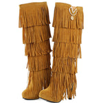 Europe America Thin High Heel Tassel Winter Women Knee High Boots Lady Fringe Spring Autumn Flock Long Boots Plus Size 34-43