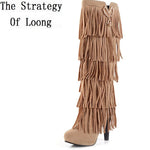 Europe America Thin High Heel Tassel Winter Women Knee High Boots Lady Fringe Spring Autumn Flock Long Boots Plus Size 34-43