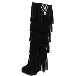 Europe America Thin High Heel Tassel Winter Women Knee High Boots Lady Fringe Spring Autumn Flock Long Boots Plus Size 34-43