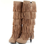 Europe America Thin High Heel Tassel Winter Women Knee High Boots Lady Fringe Spring Autumn Flock Long Boots Plus Size 34-43