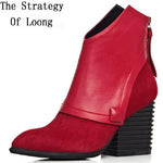 Spring Autumn Fashion Thick High Heels Pointed Toe Rivet Genuine Leather Women Ankle Short Modern Boots Winter Plush Inside