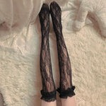 Sexy Japanese Style Stockings Lolita Bowknot Fishnet Knee Socks Anti-Snagging Women Hollow Lace Stocking Fish Net Pantyhose