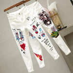 Women White Denim Pants Cartoon Graffiti Flowers Print Stretched Jeans Vintage Slim Body Capris Jeans Fashion party jeans