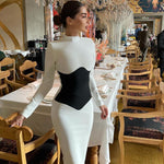 Women O Neck Bandage Dress  New Summer Sexy Long Sleeve Fashion Stitching Tight Patchwork Club Female Party Midi Vestidos