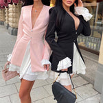 Lady Fashion Design Fake Two Ruffle Dress Spring Sexy V-Neck Long Sleeve A-Line Vestidos Autumn Women Casual Solid Party Dresses