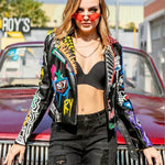 Spring and Autumn Punk High Waist Faux Leather Jacket  Women Graffiti Studded Rivet Fashion Streetwear Short Motorcycle Coat