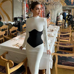 Women O Neck Bandage Dress  New Summer Sexy Long Sleeve Fashion Stitching Tight Patchwork Club Female Party Midi Vestidos