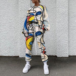 Spring New Streetwear Trend Long-Sleeve Two-Piece Set Women's Autumn Round Neck Loose Casual Sport Colorful Printed Sweater Suit