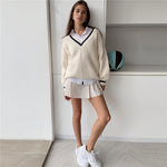 2021 Autumn Winter Knit Korean Loose Pullover Sweatshirts Chic Tops White Long Sleeve V-neck Knitted Sweater Women's Sweaters