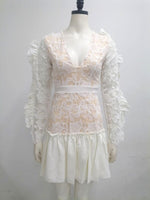 Summer Sexy Women Dress Fashion Mesh Embroidered V Neck Long Sleeve White Dress Celebrity Casual Lace Ruffled Mini Dress