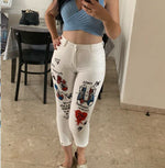 Women White Denim Pants Cartoon Graffiti Flowers Print Stretched Jeans Vintage Slim Body Capris Jeans Fashion party jeans