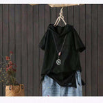 Women's Hooded T-shirt 2023 Original 95% Cotton Summer New Style Loose Cotton Short-sleeved Literary Hole Casual Women Clothing