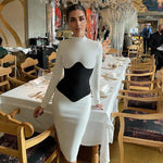 Women O Neck Bandage Dress  New Summer Sexy Long Sleeve Fashion Stitching Tight Patchwork Club Female Party Midi Vestidos