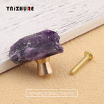 Luxury Natural Amethyst Powder Crystal Fluorite Gold Pure Copper Drawer Handle Hook Pull Cabinet Wardrobe for Furniture Knons