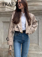 TRAFZA Women Khaki Pant Suit Solid Elegant Belt Long Sleeve Crop Jacket + High Waiste Zipper Fly Pants Sets 2023 Chic Streetwear